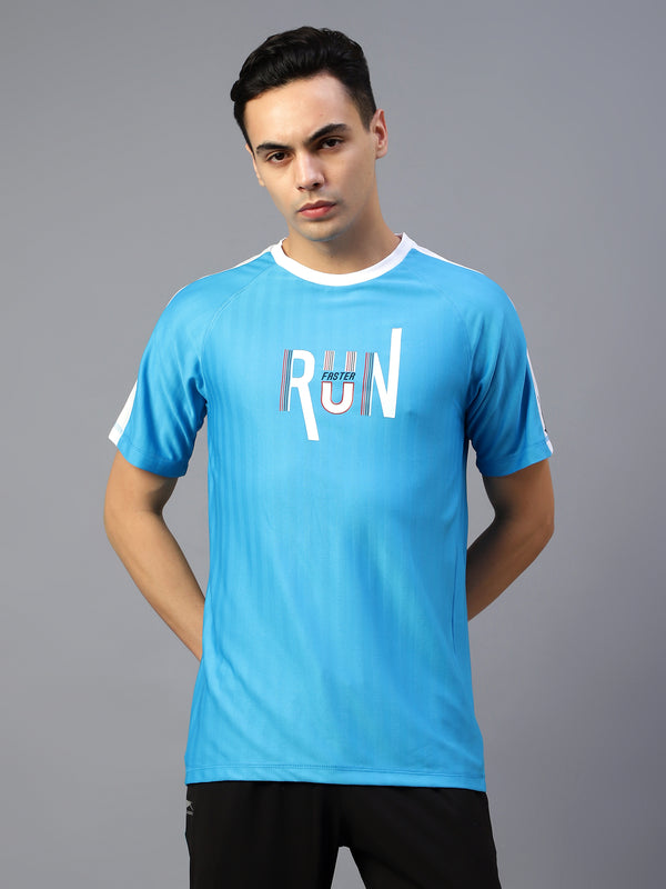 T- Shirts half Sleeves Round neck Poly Self Stripe Cyan