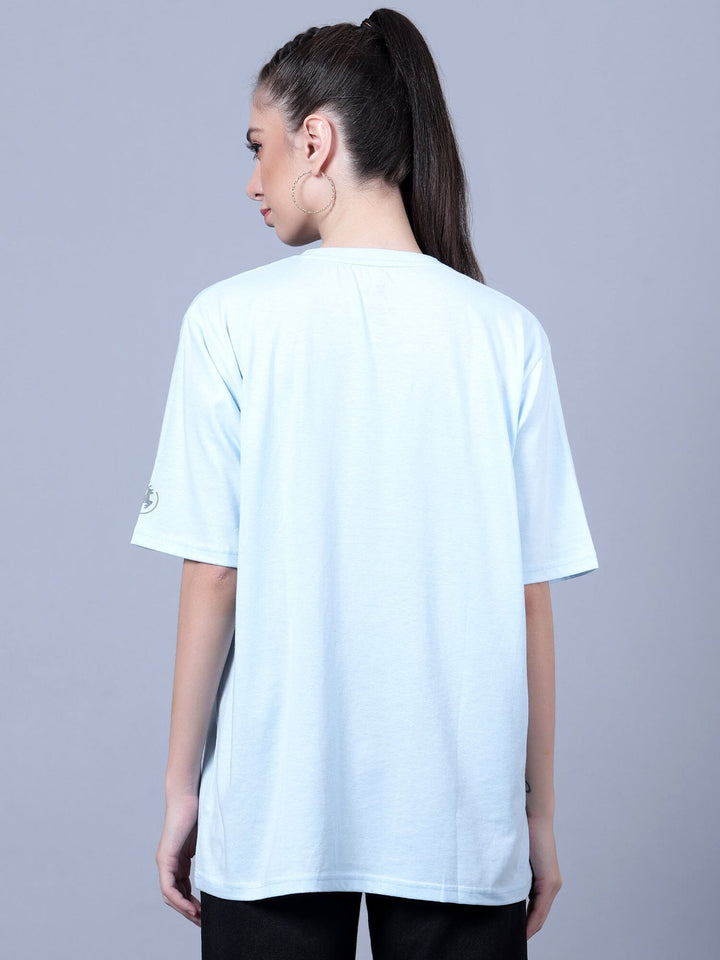 trenz women T- shirts Typography Printed Oversized T-Shirt Pale Blue